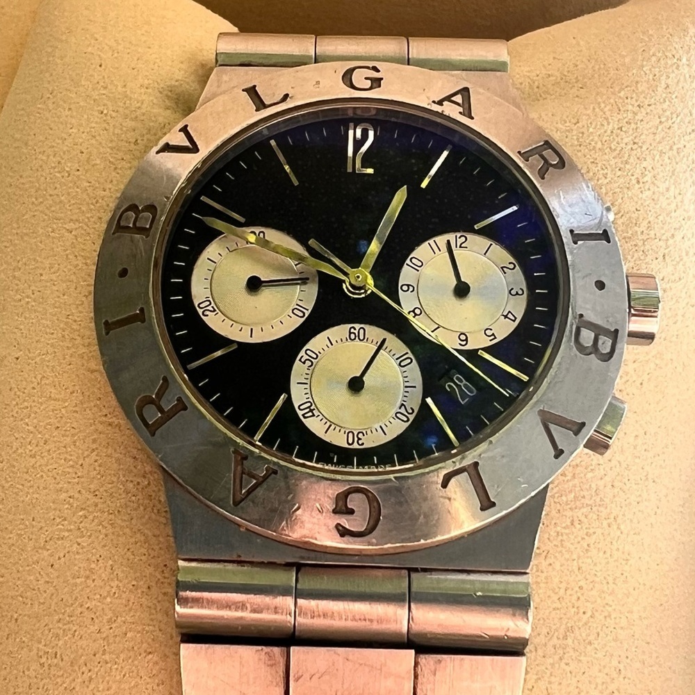 BVLGARI Chronograph Stainless Steel Black Dial Men's Watch with Box - Picture 1 of 5